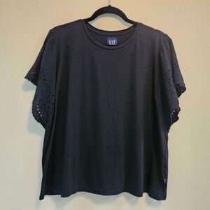 GAP Top Modal Cotton Blend Eyelet Flutter Short Sleeve Scoop Neck Black Sz XL